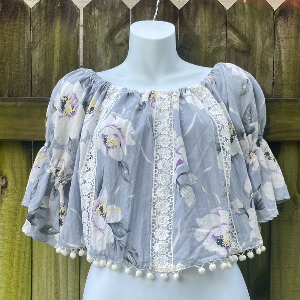 Alythea off the shoulder flutter sleeve floral crop blouse
